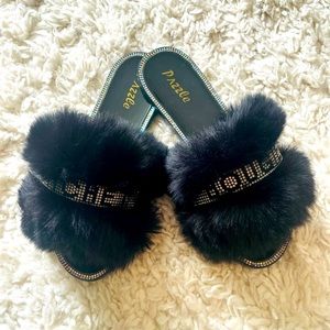 Women Fur Fluffy Flats Rhinestone Slides Logo Flip Flops Black Sandals